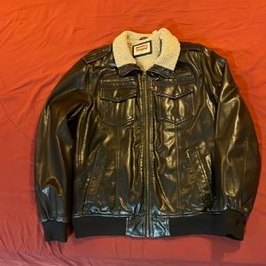 LEVI’S Men’s Large Bomber Jacket Red Label Faux Leather Sherpa Fur Brown Coat- M